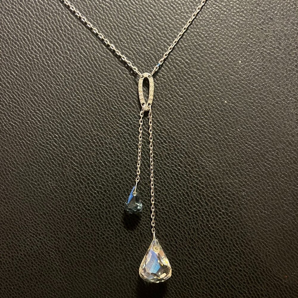 Swan Signed Swarovski Silver Tone Lariat Necklace, Blue & Clear Crystals - NWOB